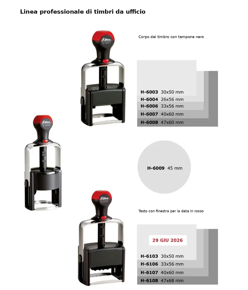 Catalogo Shiny: linea professionale e datari da ufficio, modelli e dimensioni