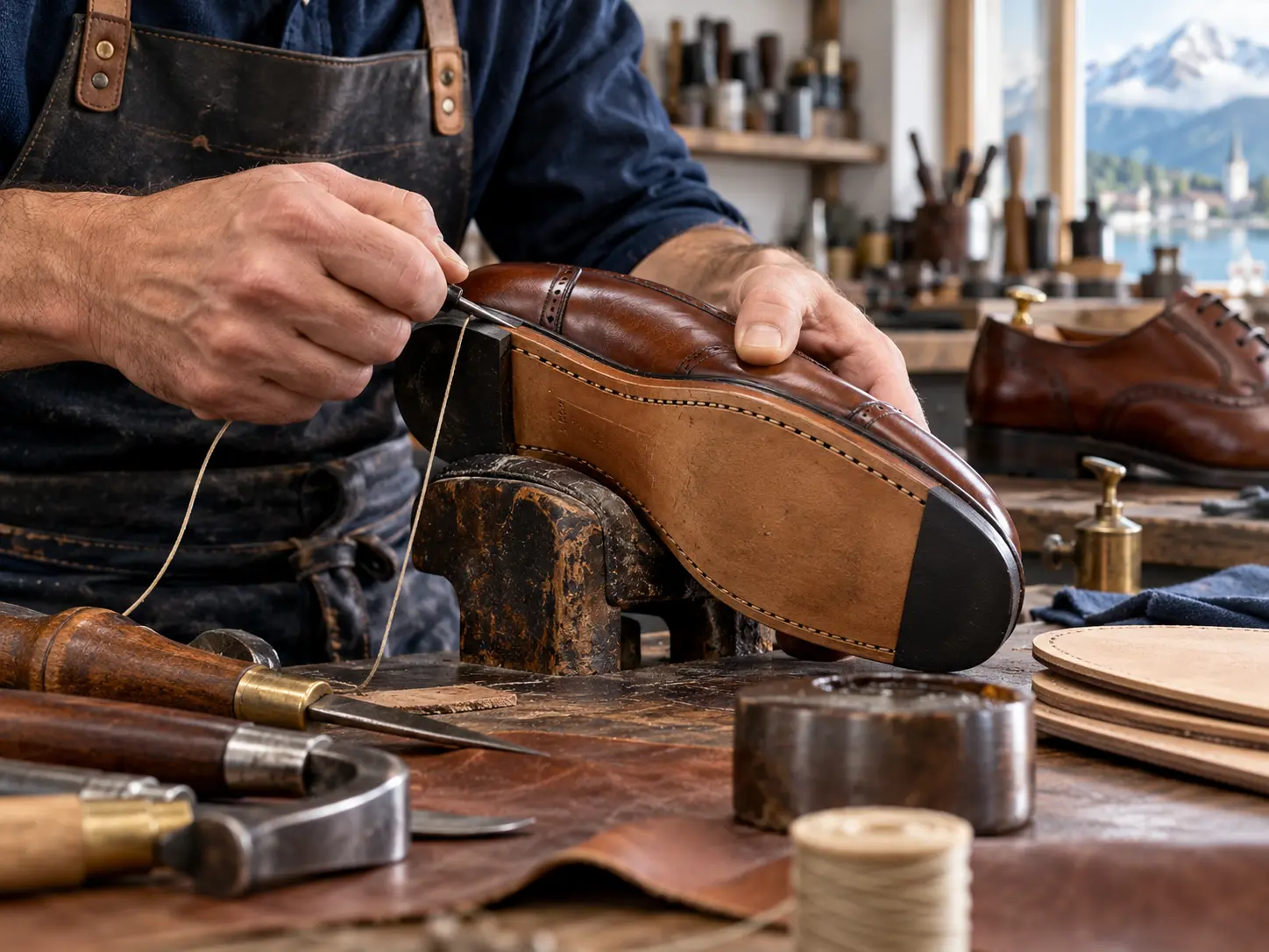 Riparazione artigianale di una scarpa in pelle sul banco da lavoro.