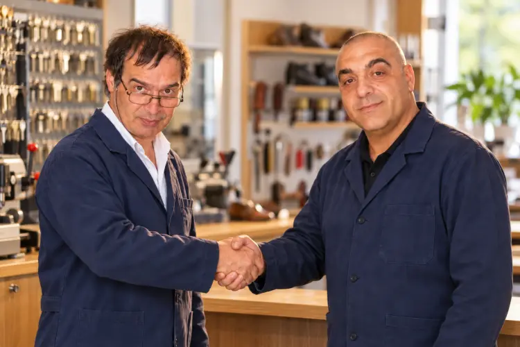 Passaggio di consegne tra Lorenzo Maggio e Leandro Rubino nel laboratorio di Mister Services